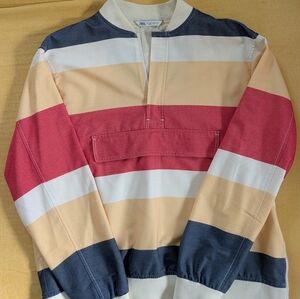 Zara Men's Zip Up Sweater in Red, Cream, and Blue Stripes